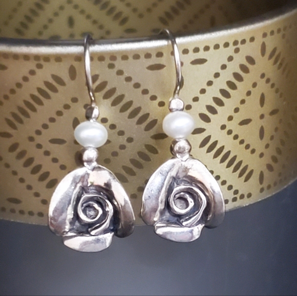 PZ ISRAEL Sterling Rose Earrings with White Cultured Pearl 1.25”L - Picture 2 of 15